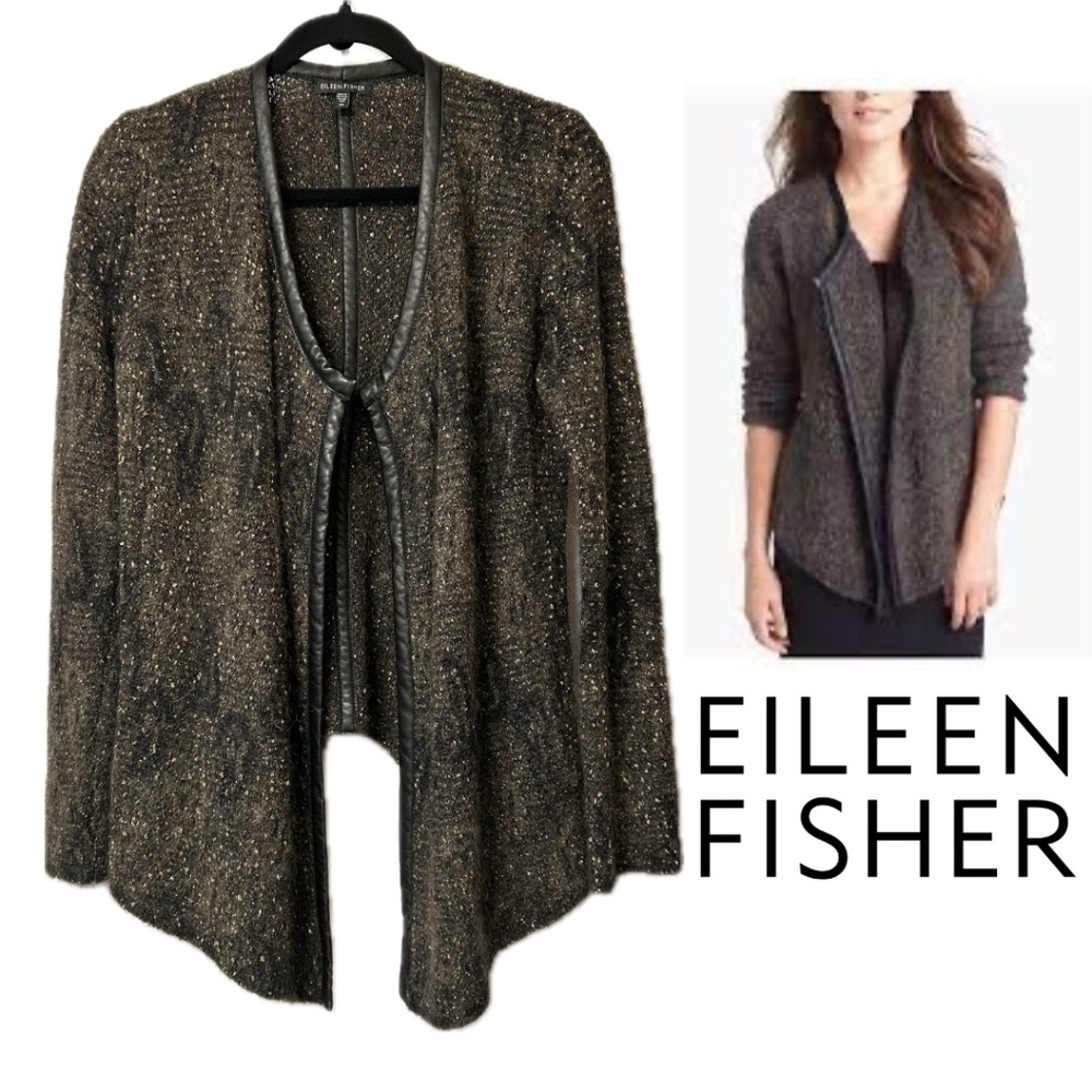 Eileen Fisher Mohair Blend Leather Trim Open Cardigan Paisley Design Size XS